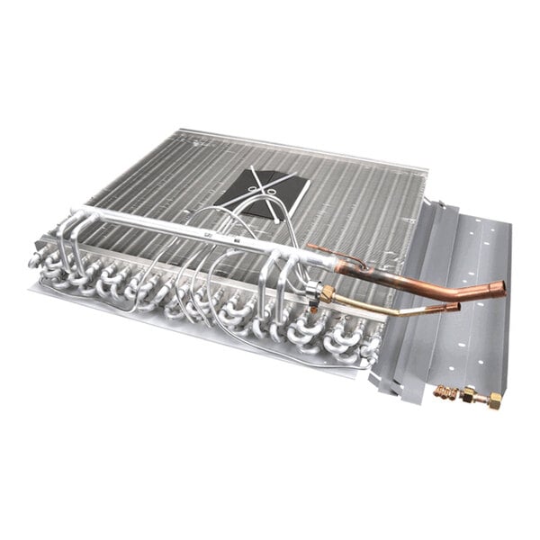 A metallic coil assembly with multiple curved tubes and attached copper pipes, likely part of an HVAC or refrigeration system.