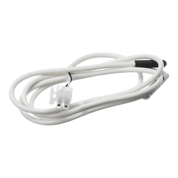A coiled white cable with a plastic connector on one end and a black-tipped sensor or probe on the other end.