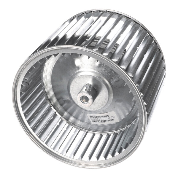 A metal cylindrical blower wheel with evenly spaced blades and a central mounting hub.