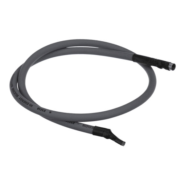 A gray insulated cable with connectors on both ends, one straight and one angled.