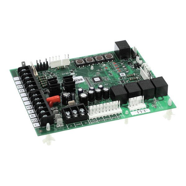 A green electronic control circuit board with various components including capacitors, relays, connectors, and push buttons, mounted on a white background.