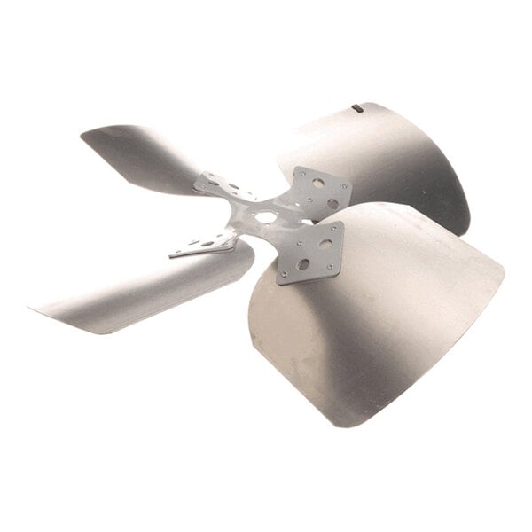 A four-blade metallic propeller fan with a central mounting hub, viewed at an angle against a white background.