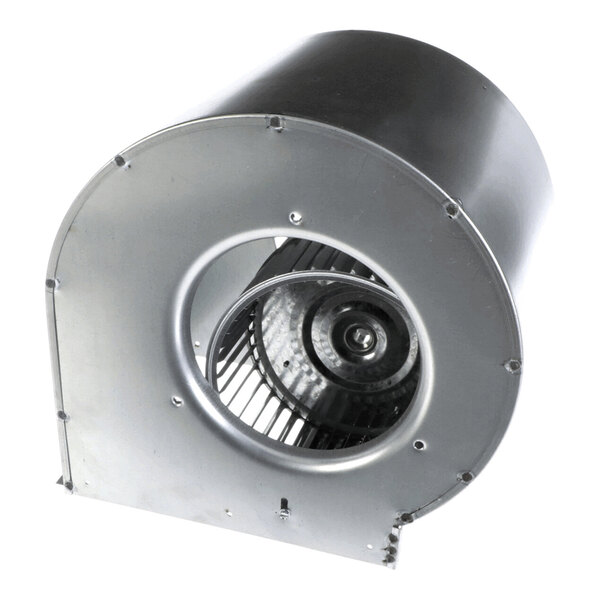 A metal blower housing with a visible circular fan wheel inside.