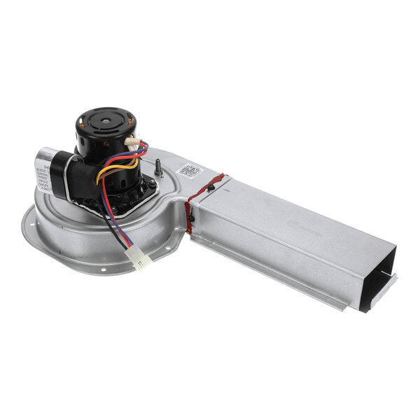 A metal blower assembly with an attached electric motor and several colored wires extending from it.