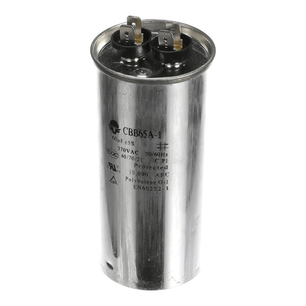 A cylindrical metallic capacitor with two electrical terminals on top and printed specifications on the side.