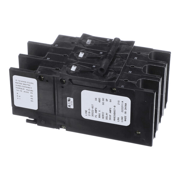 A black, rectangular electrical circuit breaker with three switches and white specification labels on the side.
