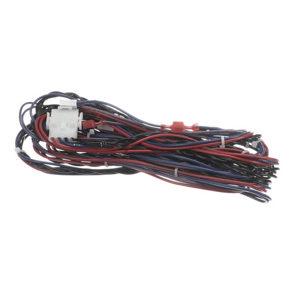 A bundle of multicolored electrical wires with connectors attached, secured with cable ties.