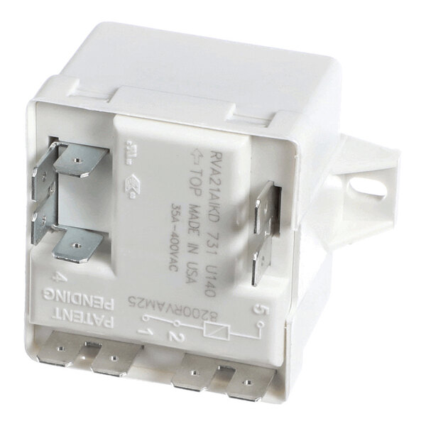 A white electrical relay with multiple metal prongs and labeled terminal numbers on its face.