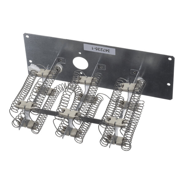A metal plate with multiple coiled wire heating elements mounted on ceramic insulators.
