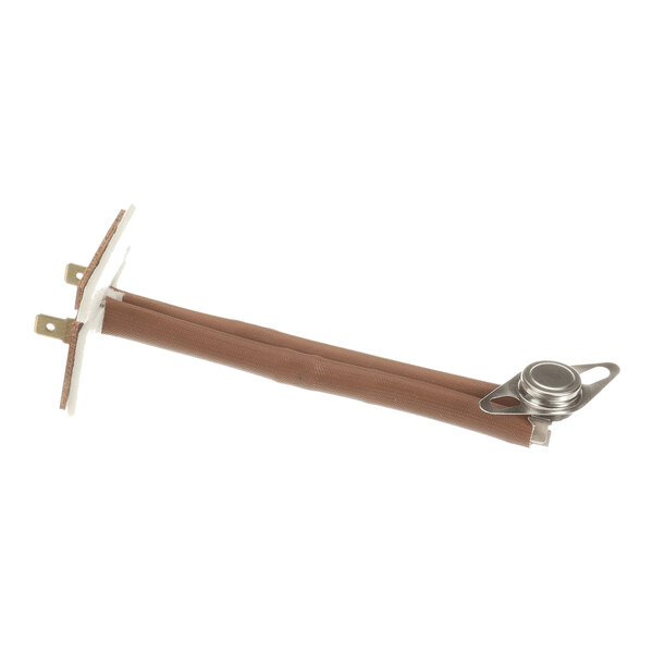 A long, brown, insulated electrical component with a metal mounting bracket and two electrical terminals on one end.
