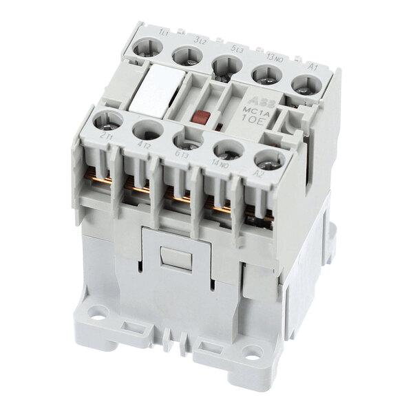 A gray electrical contactor with multiple screw terminals and labeled connection points on the top surface.