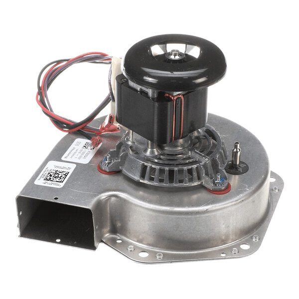 A metal and plastic blower assembly with attached wiring and a fan, mounted on a flat base with multiple screw holes.