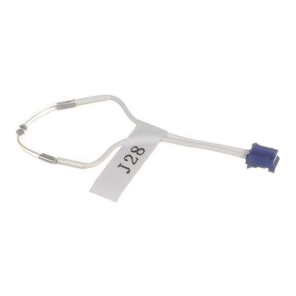 A small wire loop with metal connectors, a blue plastic end, and a white tag labeled 'J28' attached to it.