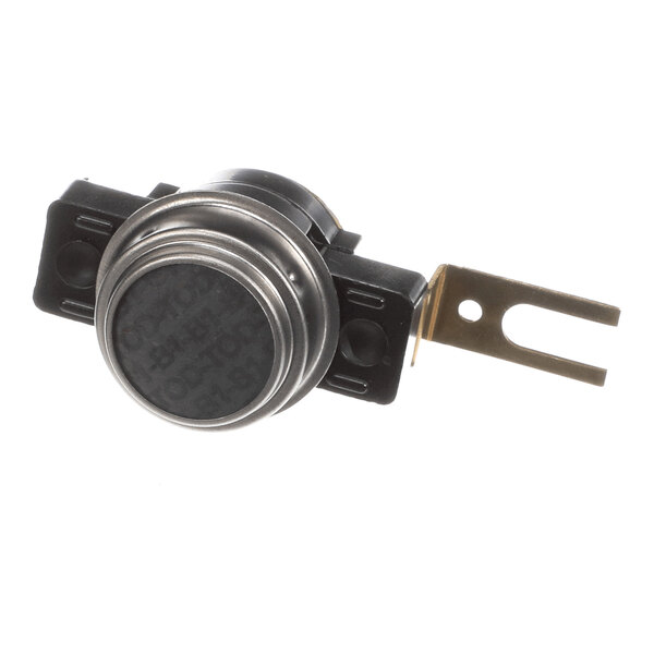 A small, round metallic and plastic component with a flat mounting base and a single metal prong extending from one side.