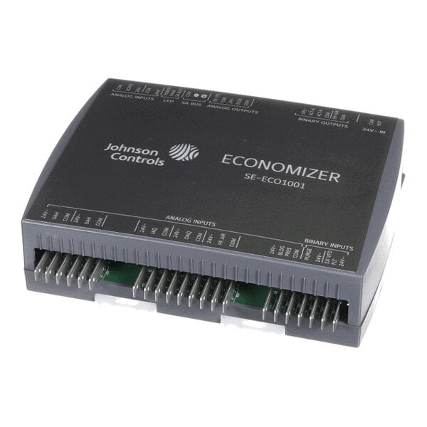 A rectangular electronic control module with multiple labeled input and output terminals, featuring the text 'Johnson Controls ECONOMIZER SE-ECO1001' on its surface.