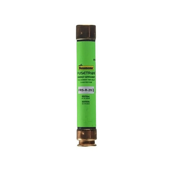 A cylindrical fuse with a green label and metallic end caps, labeled 'Fusetron' and 'FRS-R-20'.