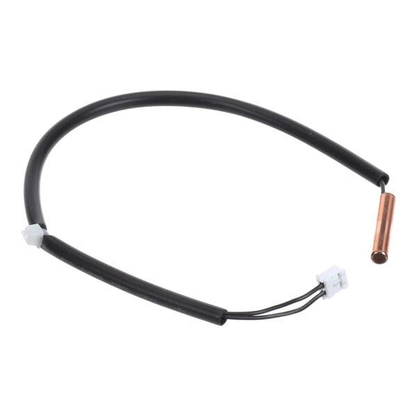 A black cable with a copper cylindrical sensor on one end and a white plastic connector on the other end.