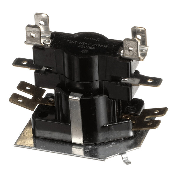 A black and metallic electrical relay component with multiple metal terminals and a mounting plate.