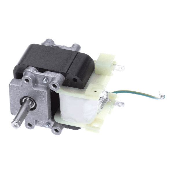 A small electric motor with a metal shaft, plastic housing, and attached wiring.