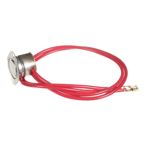 A metal component with two attached red wires ending in small connectors.