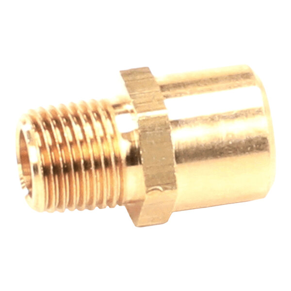 A brass-colored metal fitting with external threads on one end and a smooth cylindrical body on the other.