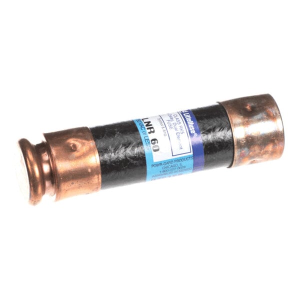 A cylindrical fuse with metallic ends and a labeled body, featuring a blue and white sticker.