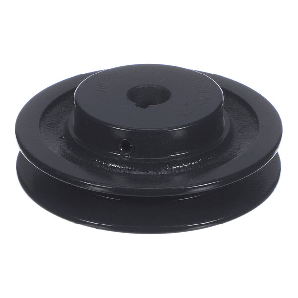 A black, round metal pulley with a central hole and a grooved outer edge.