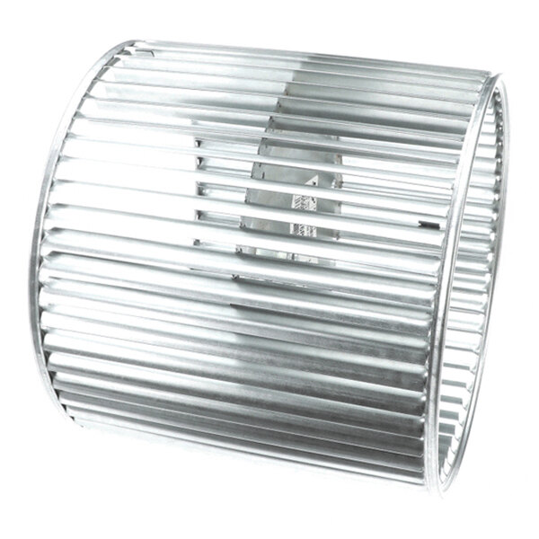 A cylindrical metal fan wheel with evenly spaced blades and a central mounting hub.