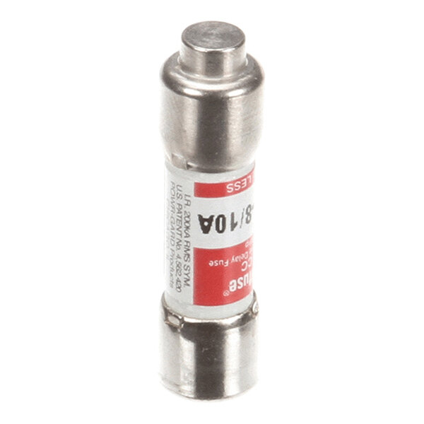 A cylindrical metal and ceramic fuse with a red and white label indicating electrical specifications.
