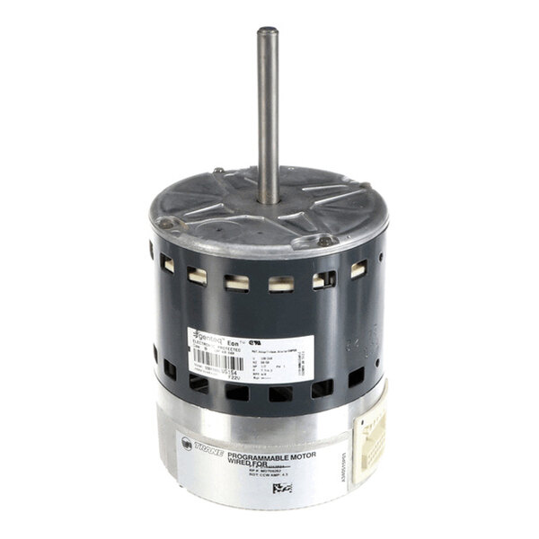 A cylindrical electric motor with a vertical shaft, ventilation slots, and product labels on its body.
