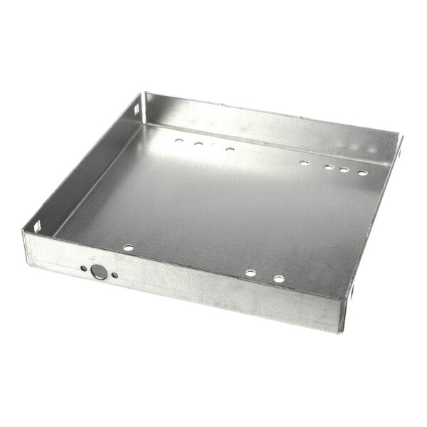 A square metallic tray with raised edges and several circular holes along the sides and base.