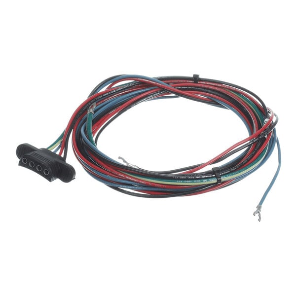 A coiled bundle of multicolored electrical wires with a black plastic connector plug on one end.