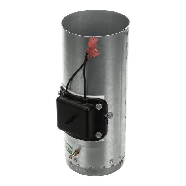 A cylindrical metal component with a black plastic box attached and two wires with red connectors extending from it.