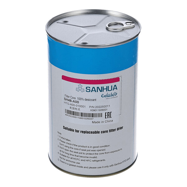 A cylindrical metal can with a pull-tab lid, labeled 'SANHUA' and containing a filter core desiccant for a replaceable core filter drier.