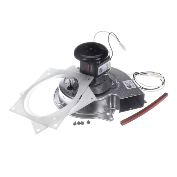 A metallic vent assembly with a motor, wiring, gaskets, screws, and a rubber strip, all arranged on a white background.