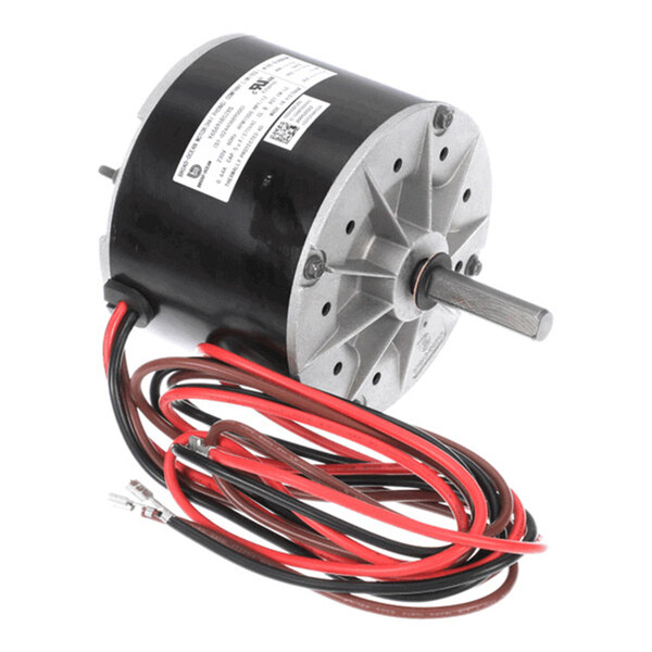 A cylindrical electric motor with a metal shaft, multiple mounting holes, and attached red, black, and brown wires.