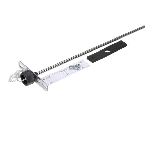 A metal rod with a mounting bracket, a black rectangular piece, screws, and a small instruction sheet are shown on a white background.