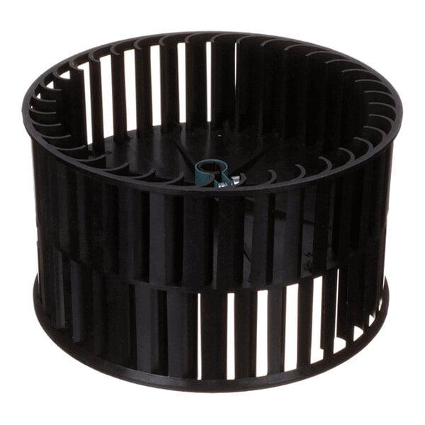 A black cylindrical plastic wheel with evenly spaced vertical slats and a central hub.