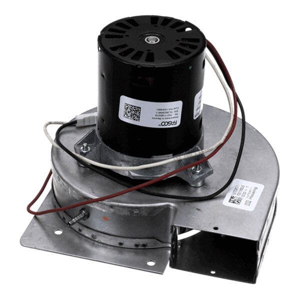 A metal and black cylindrical motor assembly with attached wires and a mounting plate, likely part of a mechanical or HVAC system.