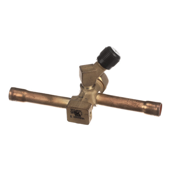 A brass valve with a black plastic knob and two copper pipe connections, photographed on a white background.