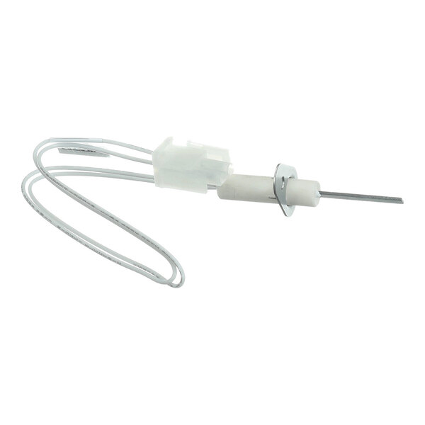 A metal rod with a white ceramic insulator, attached to a wire and connector.