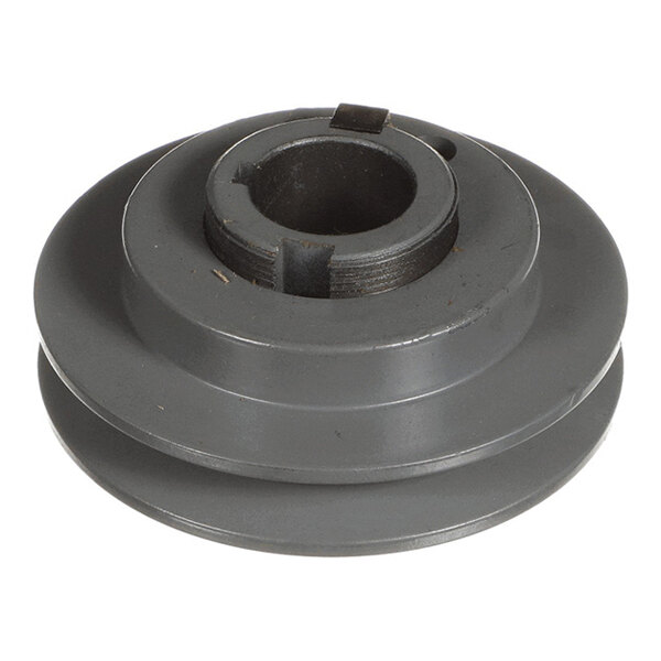 A metal sheave with a central bore and keyway, featuring a double-groove pulley design.