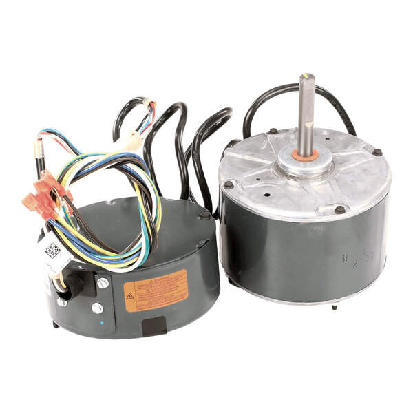 Two cylindrical electric motors with attached wiring and a metal shaft protruding from one of them, shown on a white background.