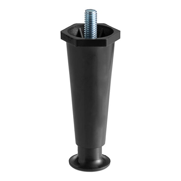 A black plastic appliance leg with a flange foot and a blue screw.