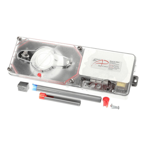 A rectangular metallic and transparent device with a circular component inside, accompanied by two cylindrical tubes, a small block, a red cap, and screws, all laid out on a white background.