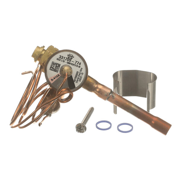 A metal valve assembly with coiled copper tubing, a cylindrical clamp, a screw, and two blue O-rings displayed on a white background.