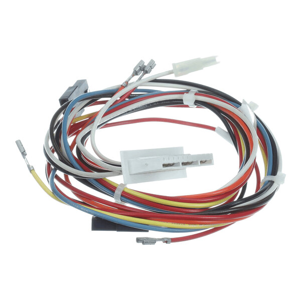 A coiled bundle of multicolored electrical wires with various connectors attached.