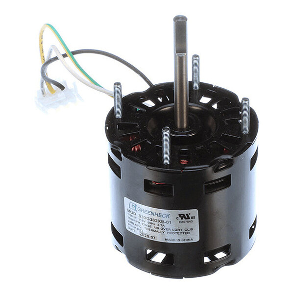 A cylindrical electric motor with a central shaft, four mounting rods, and attached wires.