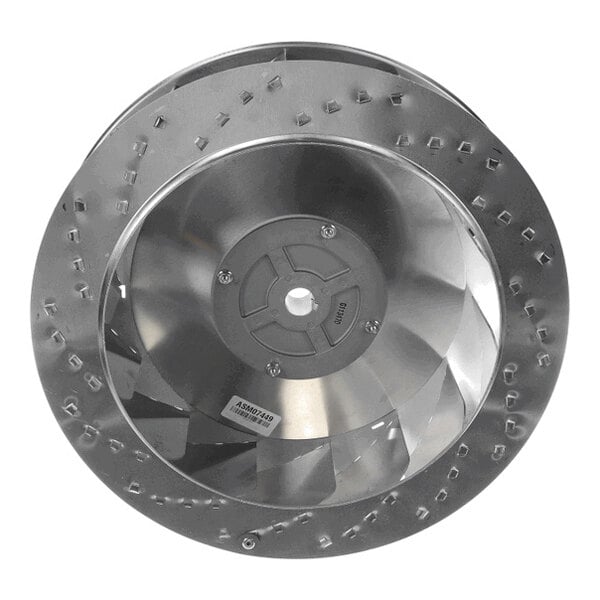 A metallic, circular fan or blower wheel with angled blades and a central mounting hub, viewed from the front.