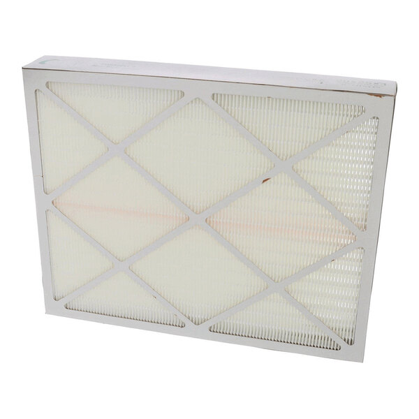 A rectangular pleated air filter with a white frame and a crisscross grid pattern on the front.